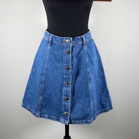 H&M Divided A-Line Denim Skirt Women's 8 Blue Button Front Casual Travel - Picture 1 of 11